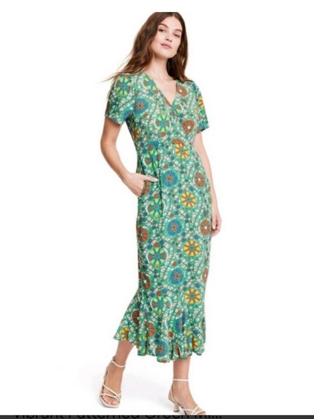 RHODE Green Patterned V-Neck Maxi Dress with Ruffle Hem